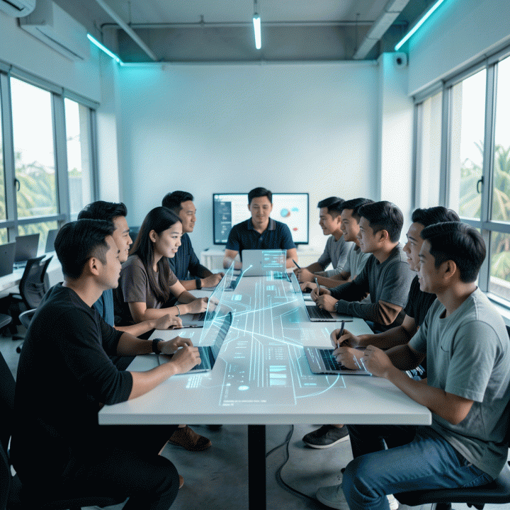 Kelompok profesional muda Indonesia berkolaborasi di co-working space modern, dikelilingi oleh visualisasi data AI yang bercahaya, melambangkan efisiensi operasional bisnis.