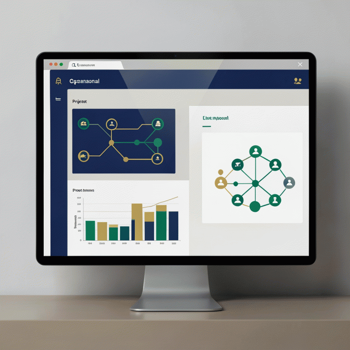 Visualisasi dashboard operasional bisnis yang abstrak dan terpadu, menunjukkan koneksi antara keuangan, proyek, dan klien, tanpa teks yang terbaca.