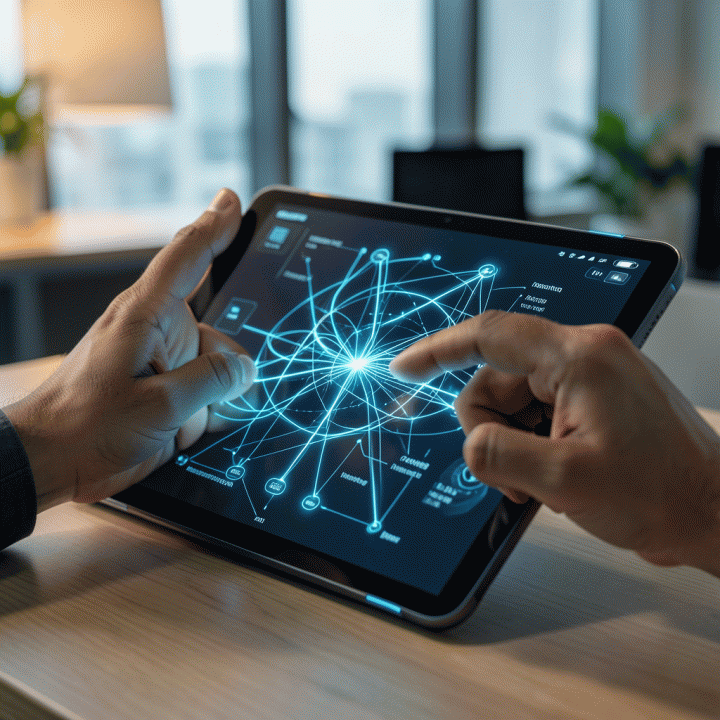 Tangan freelancer profesional berinteraksi dengan tablet yang menampilkan diagram alir operasional yang disederhanakan oleh jalur data AI yang bercahaya.