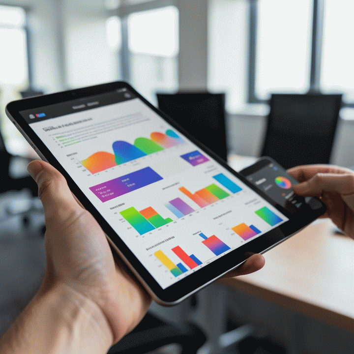 Tangan menggunakan tablet yang menampilkan visualisasi data analitik e-commerce yang kompleks dan berwarna.