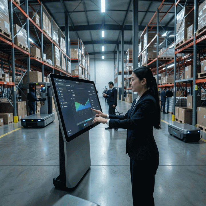 Seller Indonesia bekerja di pusat logistik pintar, mengintegrasikan data analitik pada layar sentuh dengan sistem otomatisasi robotik.