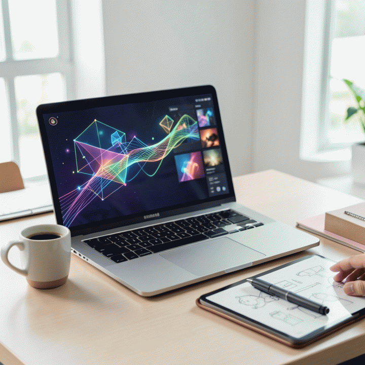 Visualisasi ruang kerja konten kreatif modern dengan sentuhan AI dan template digital, menunjukkan alur kerja yang efisien dan terstruktur.