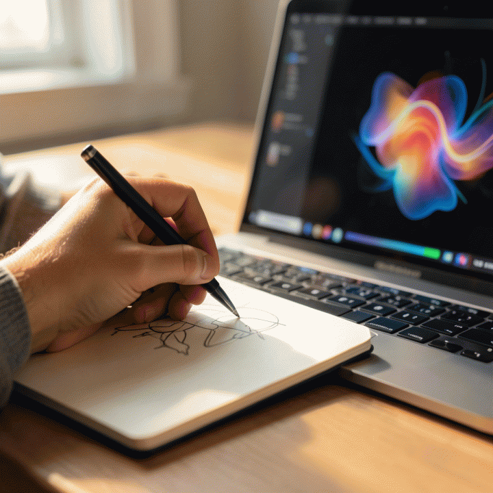 Tangan sedang membuat sketsa ide kreatif di buku catatan di samping laptop yang menampilkan antarmuka AI yang abstrak.