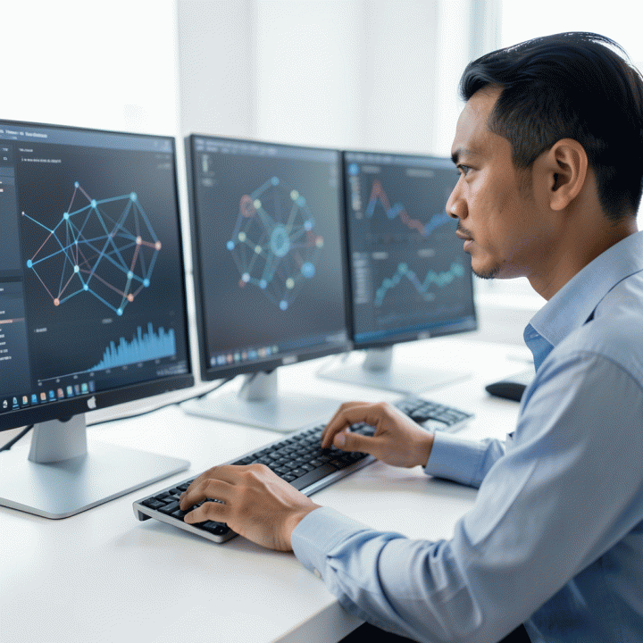 Seorang profesional muda yang bekerja di depan dashboard digital yang terintegrasi, menunjukkan manajemen data yang terpusat dan terorganisir.