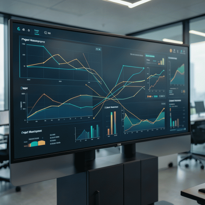 Dashboard pusat kendali digital yang terintegrasi, menampilkan aliran data keuangan, operasional, dan klien secara terpadu dalam estetika modern dan profesional.