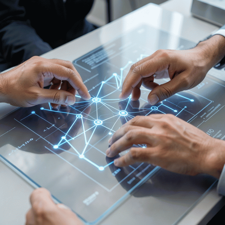 Tangan-tangan profesional berinteraksi dengan antarmuka AI holografik yang menampilkan data pertumbuhan dan alur kerja lead generation yang terotomatisasi.