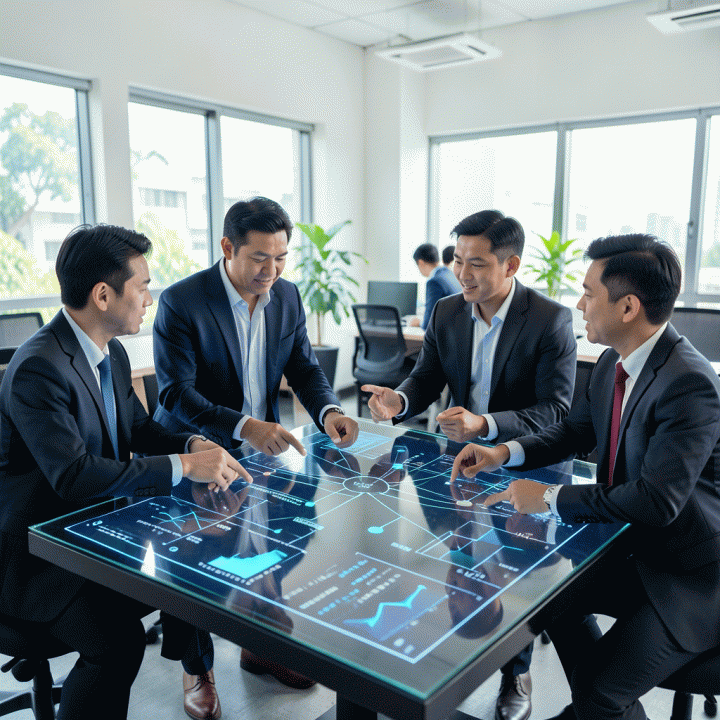 Tim profesional yang berkolaborasi di ruang kerja modern, meninjau visualisasi data dan peta perjalanan pelanggan di meja holografik, melambangkan integrasi wawasan untuk pertumbuhan bisnis.