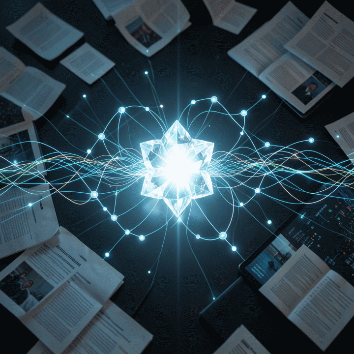 Visualisasi abstrak yang menunjukkan transformasi data yang tersebar dan kacau menjadi wawasan terstruktur dan terintegrasi.