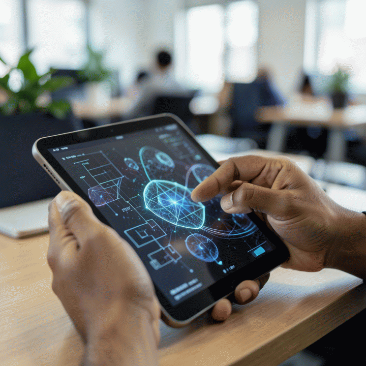 Tangan berinteraksi dengan tablet digital yang menampilkan pola kognitif dan elemen logika abstrak, melambangkan asesmen kemampuan.
