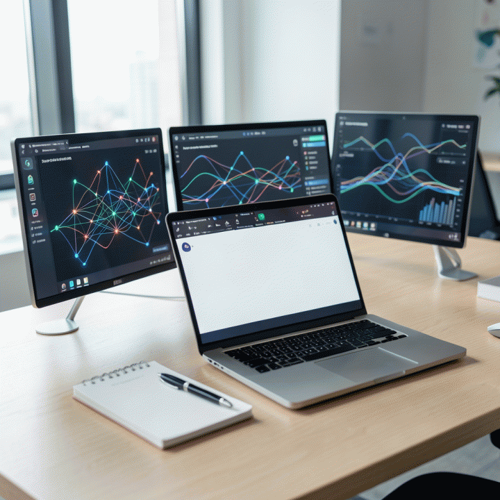Tampilan meja kerja modern yang menunjukkan integrasi data proyek dan keuangan otomatis melalui layar digital yang canggih, melambangkan efisiensi agensi kreatif.