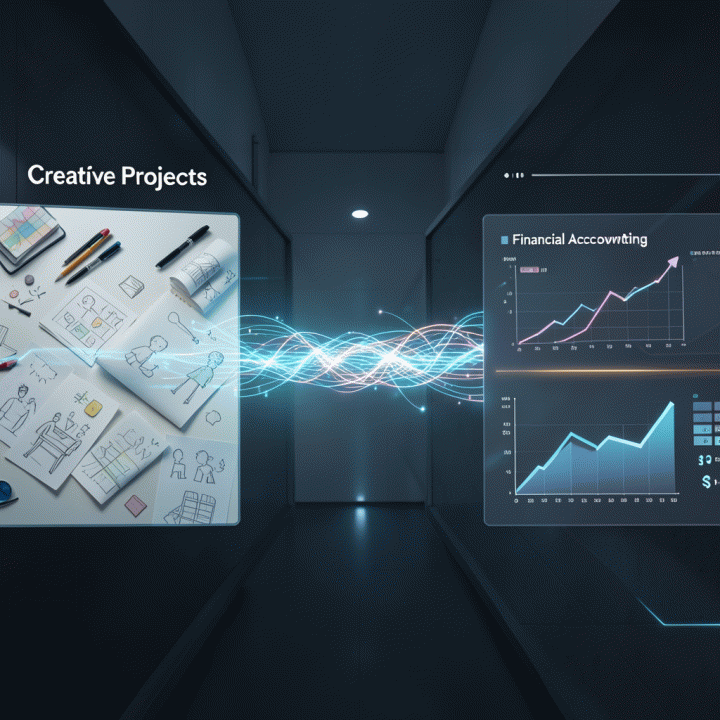 Visualisasi konseptual jembatan data yang menghubungkan proyek kreatif dan akuntansi keuangan, melambangkan otomatisasi penagihan dan integrasi keuangan.