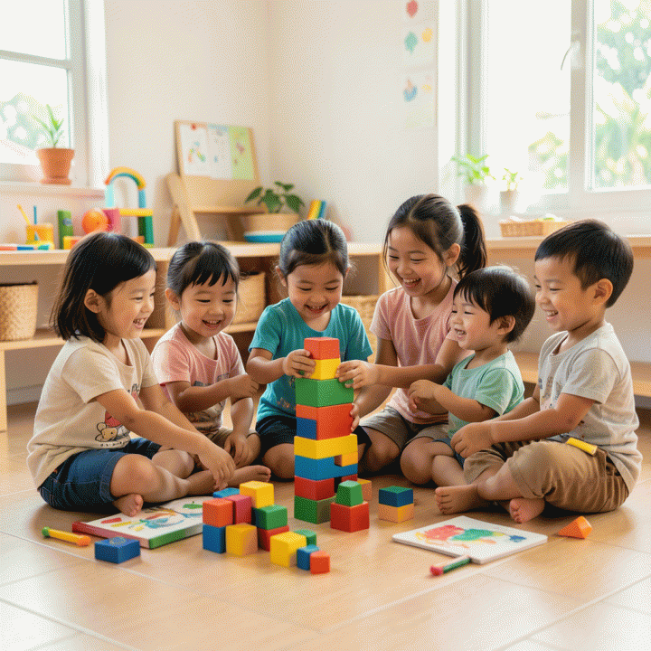 An Indonesian classroom scene showing diverse preschoolers engaging in collaborative play, illustrating the development of social and emotional skills.