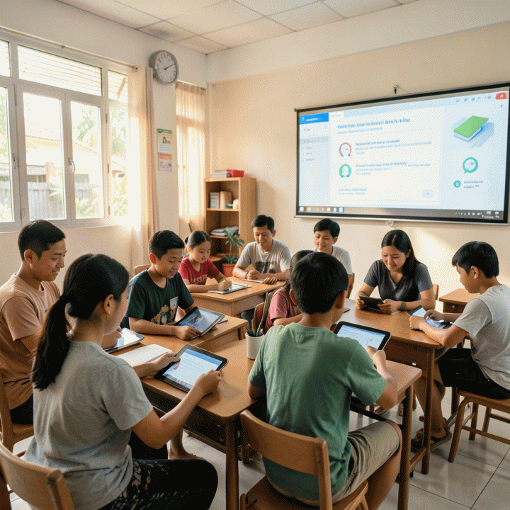 Kelas modern dan inklusif di Indonesia, menunjukkan siswa dengan beragam kemampuan berinteraksi dengan materi pembelajaran digital yang dirancang secara universal.