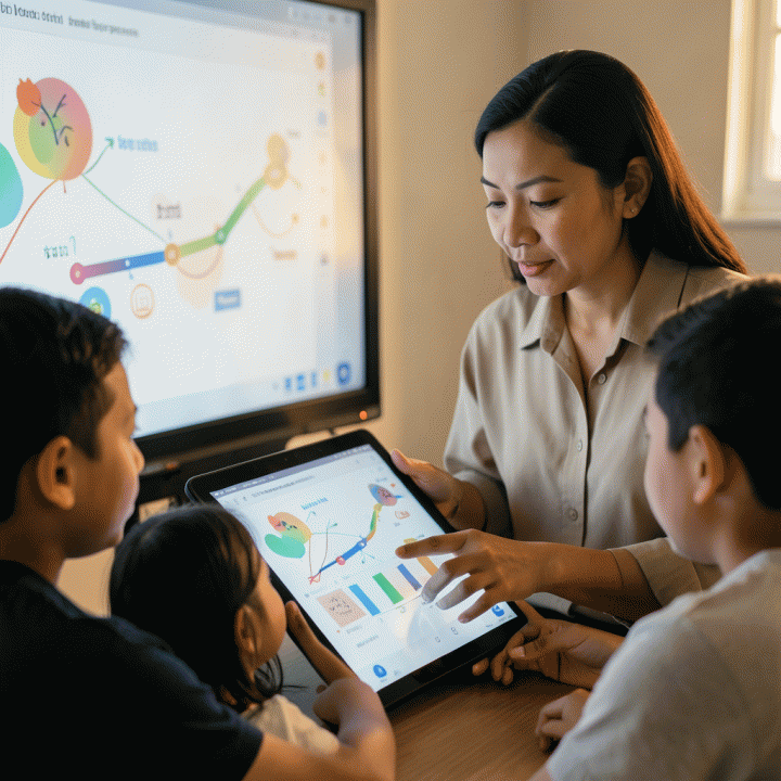 Guru memandu siswa menggunakan papan tulis digital interaktif yang menampilkan materi pembelajaran yang mudah diakses dan beragam.