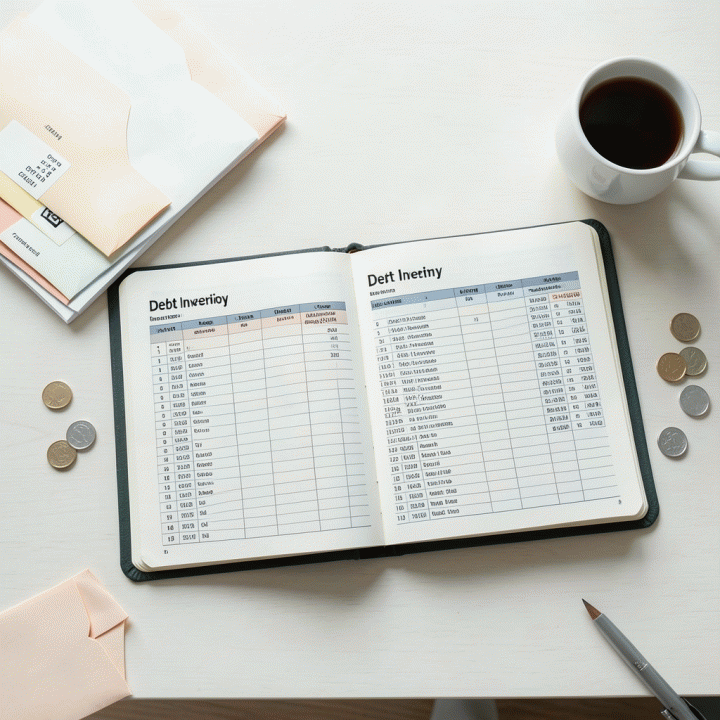 Tampilan atas meja kerja yang rapi dengan buku catatan atau spreadsheet inventaris utang yang terorganisir, melambangkan perencanaan keuangan yang sistematis.