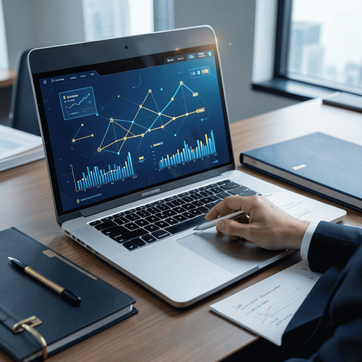Ilustrasi profesional yang menunjukkan seseorang mengelola perjalanan karir mereka dengan sistematis menggunakan dashboard digital di laptop dan alat bantu kerja modern lainnya.