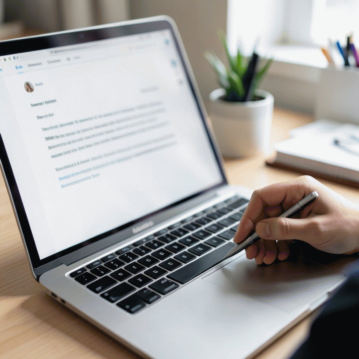 Gambar close-up seorang profesional yang menulis email lamaran kerja dengan hati-hati di laptop modern di meja kerja yang rapi.