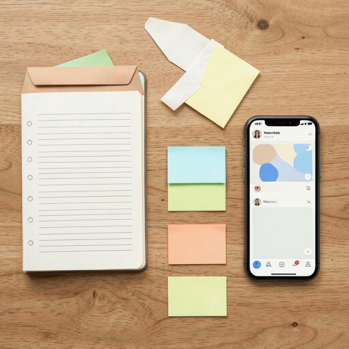 Tampilan atas (flat lay) dari perlengkapan yang menunjukkan strategi mencari kerja, seperti buku catatan, post-it notes, dan ponsel pintar di latar belakang meja kayu bersih.