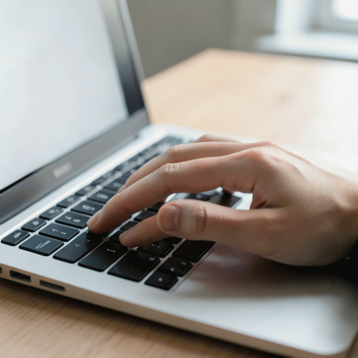 Tangan mengetik email profesional di laptop, menunjukkan fokus dan efisiensi dalam komunikasi kerja.