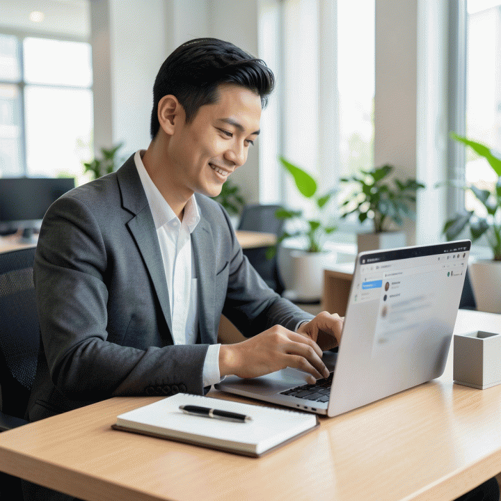 Seorang profesional muda Indonesia sedang mengetik email lamaran kerja di laptop di meja kerja modern, melambangkan proses mencari pekerjaan secara profesional.