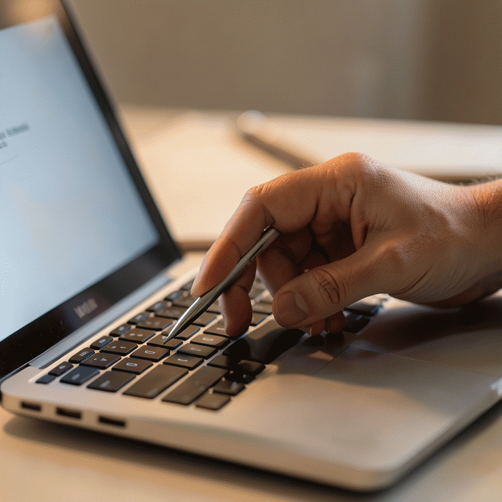 Tangan profesional sedang mengetik email di laptop, menekankan fokus pada komunikasi tertulis.