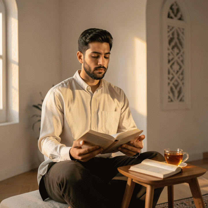 Seorang dewasa muda Muslim yang tampak khusyuk dan tenang saat beristirahat sejenak, menunjukkan pentingnya jeda spiritual untuk menjaga fokus ibadah di tengah kesibukan.