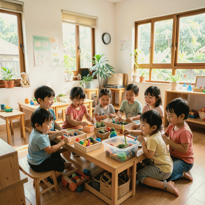 Suasana kelas anak usia dini modern dan cerah di Indonesia, menunjukkan anak-anak yang gembira terlibat dalam kegiatan belajar interaktif dan hands-on.