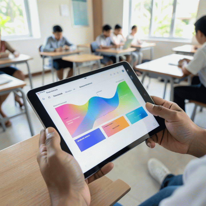 Tangan guru yang menggunakan tablet AI untuk merancang materi ajar yang efisien di kelas modern.