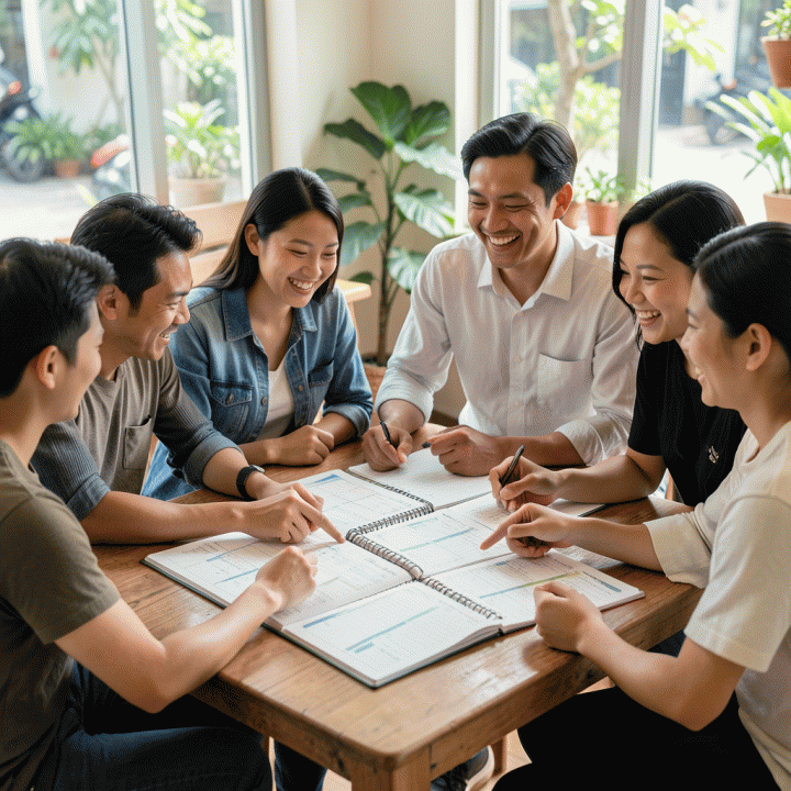 Sekelompok teman Indonesia yang sedang merencanakan perjalanan grup dengan antusias di kafe yang cerah, dikelilingi oleh buku rencana perjalanan dan daftar jadwal yang terorganisir.