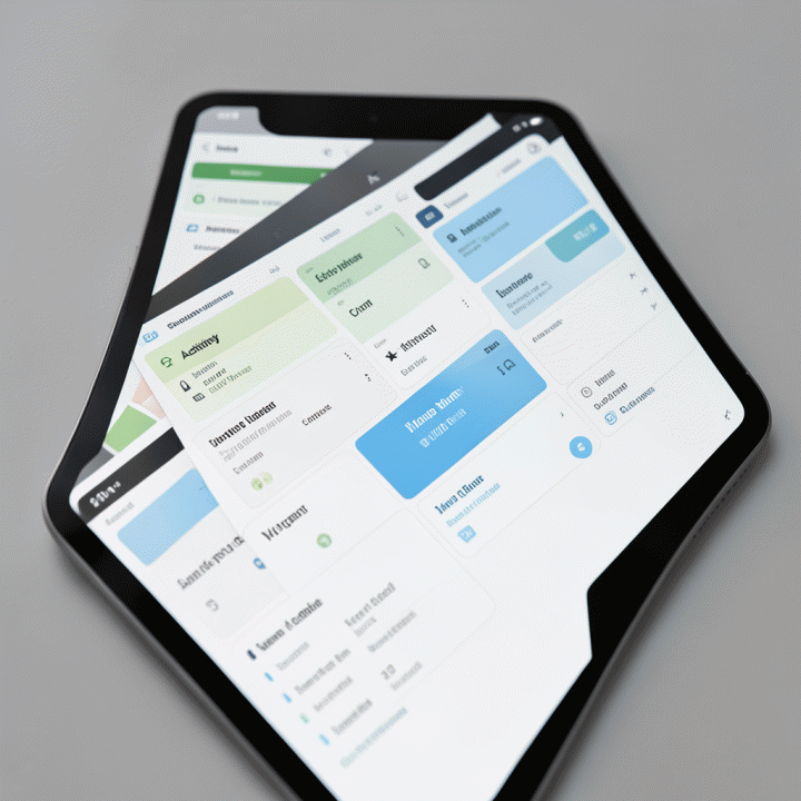 Tampilan dashboard aplikasi perencanaan perjalanan grup yang intuitif pada tablet, menunjukkan jadwal yang terstruktur dan terorganisir.