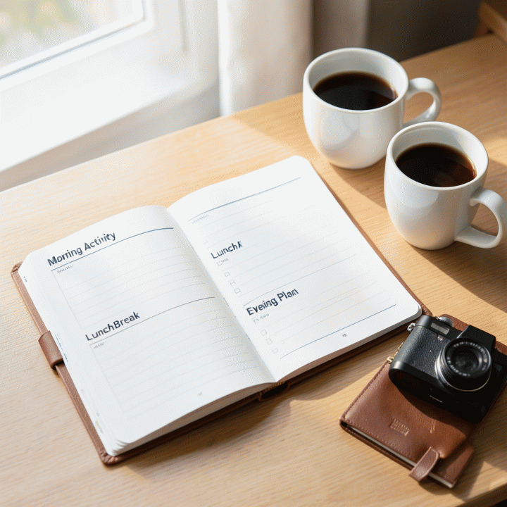 Buku rencana perjalanan fisik yang terbuka, menunjukkan struktur jadwal harian yang terperinci dan terorganisir, diletakkan di meja kerja yang rapi.