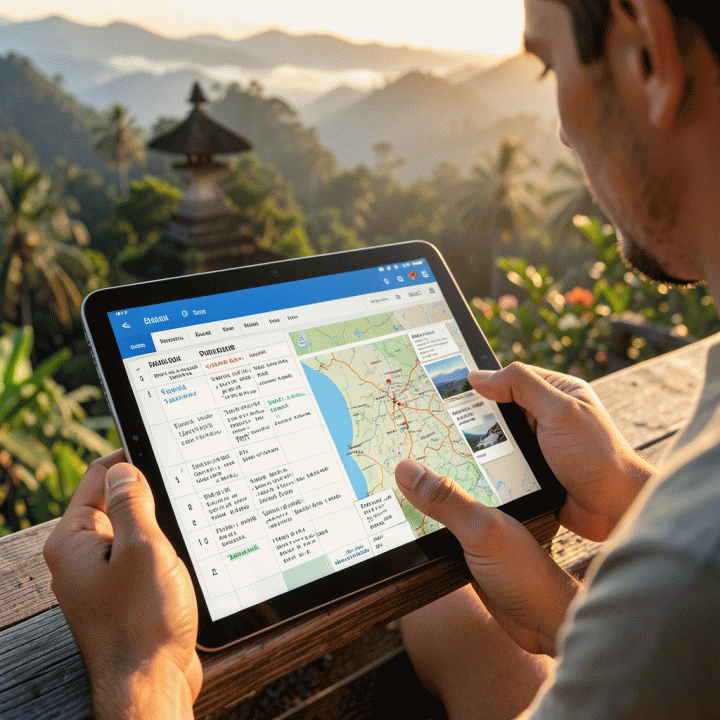 Solo traveler planning a detailed Bali itinerary on a tablet displaying an organized spreadsheet.