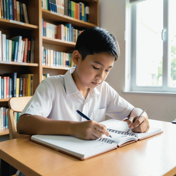 Seorang siswa Indonesia yang fokus belajar di rumah, menunjukkan konsentrasi dan disiplin dalam proses belajar mandiri.