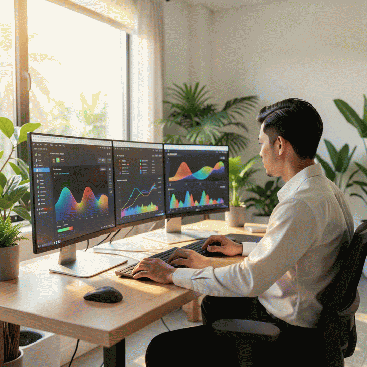 Seorang profesional yang tenang bekerja di meja kerja modern dengan grafik data abstrak tanpa teks