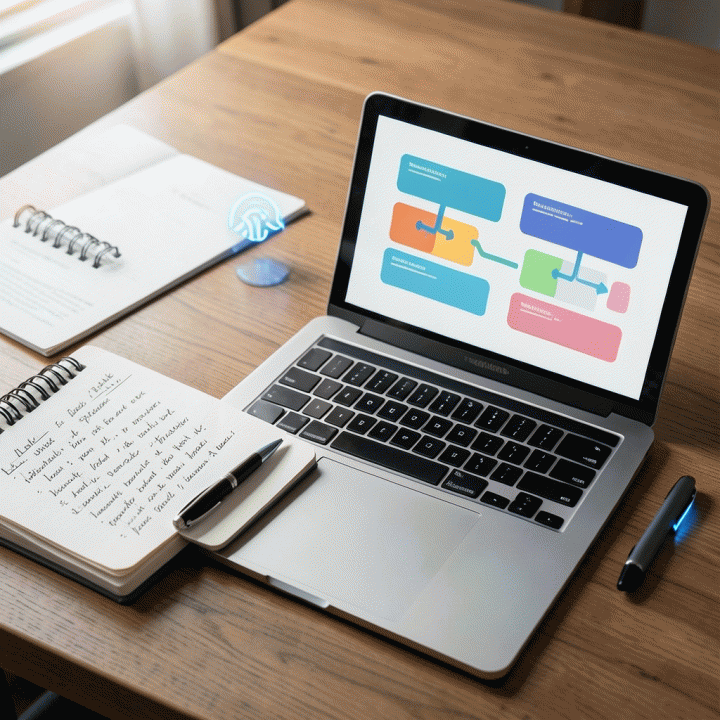 Flat lay meja kerja guru yang rapi dengan laptop, buku catatan, dan alat tulis, menunjukkan efisiensi dalam perencanaan pembelajaran menggunakan teknologi AI.