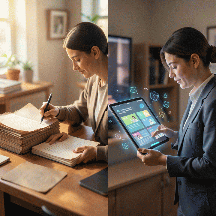 Perbandingan visual antara kesulitan membuat materi ajar secara manual dan kemudahan menggunakan alat AI untuk menghasilkan paket pembelajaran lengkap.