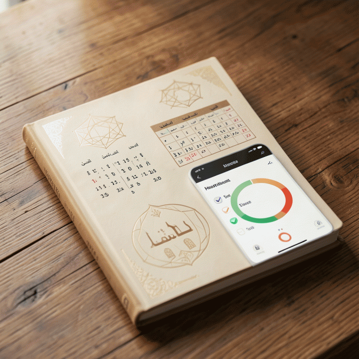 Visualisasi digital planner yang elegan berisi jadwal salat dan kalender Hijri, menekankan perencanaan ibadah yang terstruktur dan tenang.