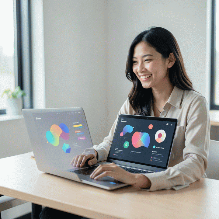 Desainer grafis Indonesia di ruang kerja modern menggunakan laptop dengan antarmuka AI yang menampilkan elemen visual merek yang konsisten, seperti palet warna, ikon, dan template tipografi, semua serasi dalam pencahayaan alami.