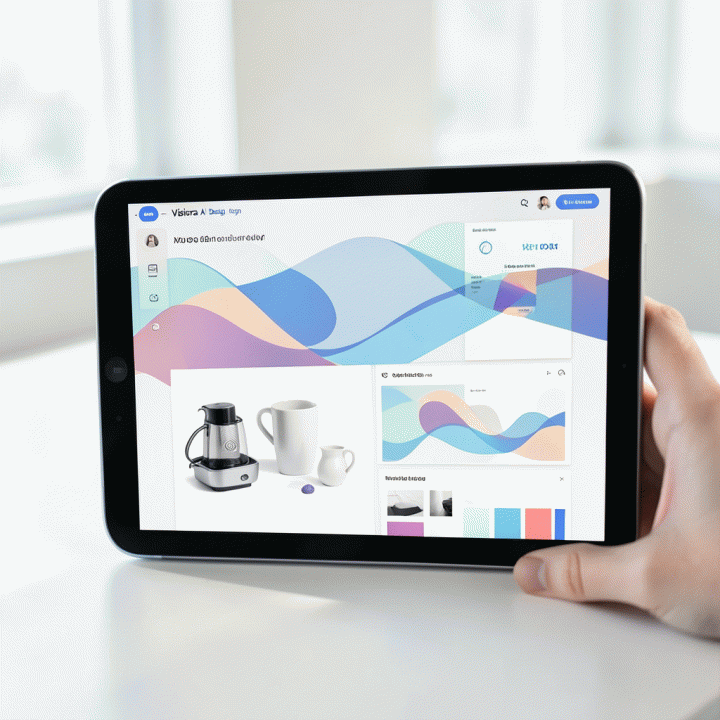 Desainer yang sama dengan santai menggunakan tablet dengan antarmuka AI Visiora, menampilkan aset merek yang konsisten seperti template media sosial, mockup produk, dan skema warna serasi.