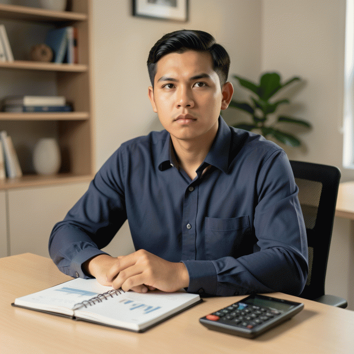 Seorang profesional muda Indonesia yang terlihat fokus dan tenang saat merencanakan keuangan di meja kerja yang rapi, melambangkan konsistensi dan kontrol finansial.