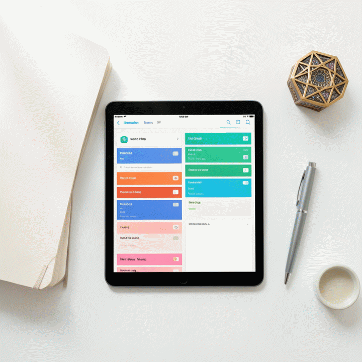 Tampilan atas meja kerja minimalis dengan tablet yang menampilkan dashboard pelacak kebiasaan ibadah yang terstruktur.