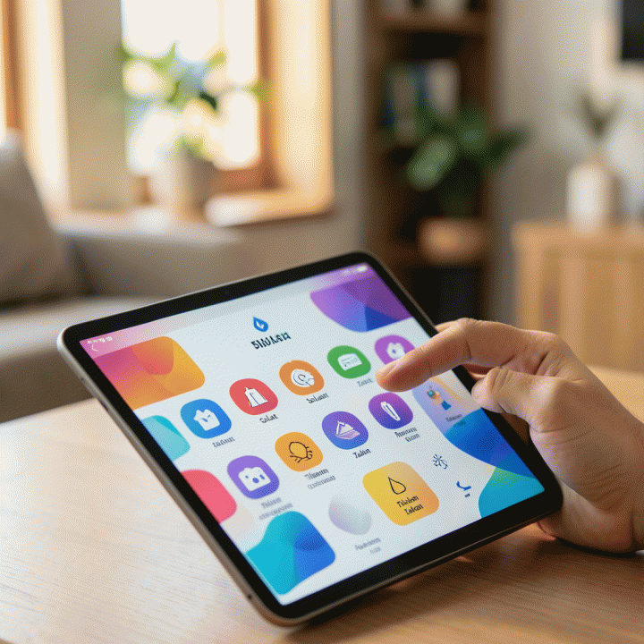 Tangan yang sedang mencatat progres ibadah harian pada antarmuka digital yang rapi, menunjukkan konsistensi spiritual.