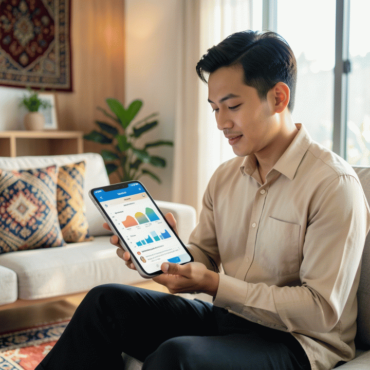 Seorang pemuda Muslim Indonesia yang terlihat fokus dan tenang menggunakan aplikasi pelacak kebiasaan spiritual di tablet modern, menunjukkan kemudahan dalam menjaga konsistensi ibadah harian.