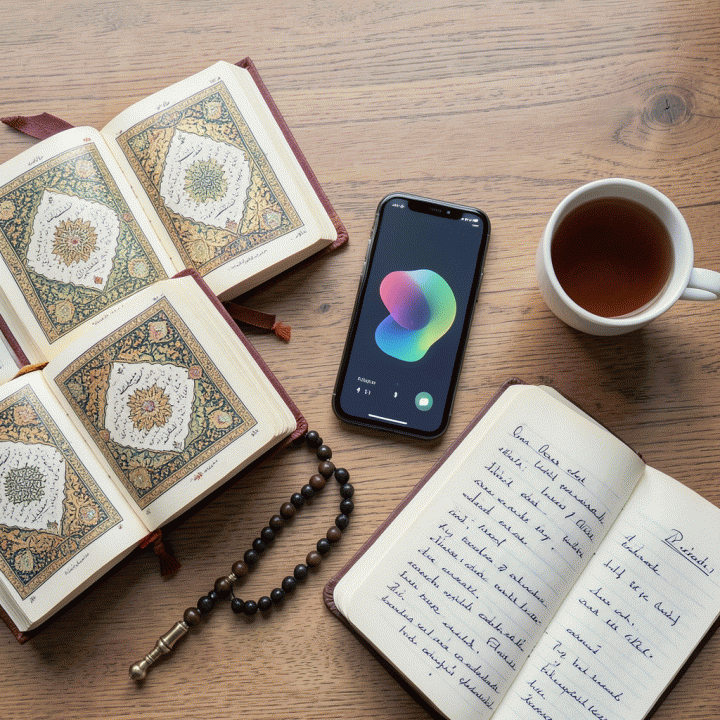Komposisi flat lay modern yang berisi Al-Qur&rsquo;an, tasbih, jurnal, dan smartphone yang menampilkan konsep pelacakan kebiasaan, menunjukkan rutinitas spiritual yang teratur.