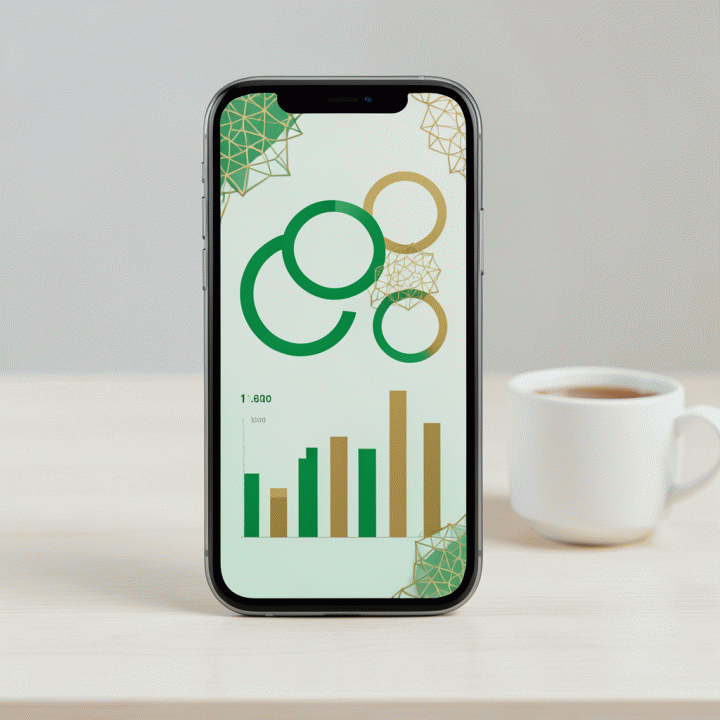 Tampilan dasbor aplikasi pelacak kebiasaan ibadah dengan grafik abstrak dan pola geometris Islami, tanpa teks terbaca, di atas meja dengan secangkir teh.