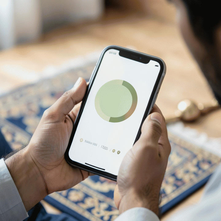 Tangan seorang pria Muslim memegang smartphone yang menampilkan antarmuka aplikasi pelacak kebiasaan ibadah dengan desain abstrak, latar belakang sajadah dan tasbih.