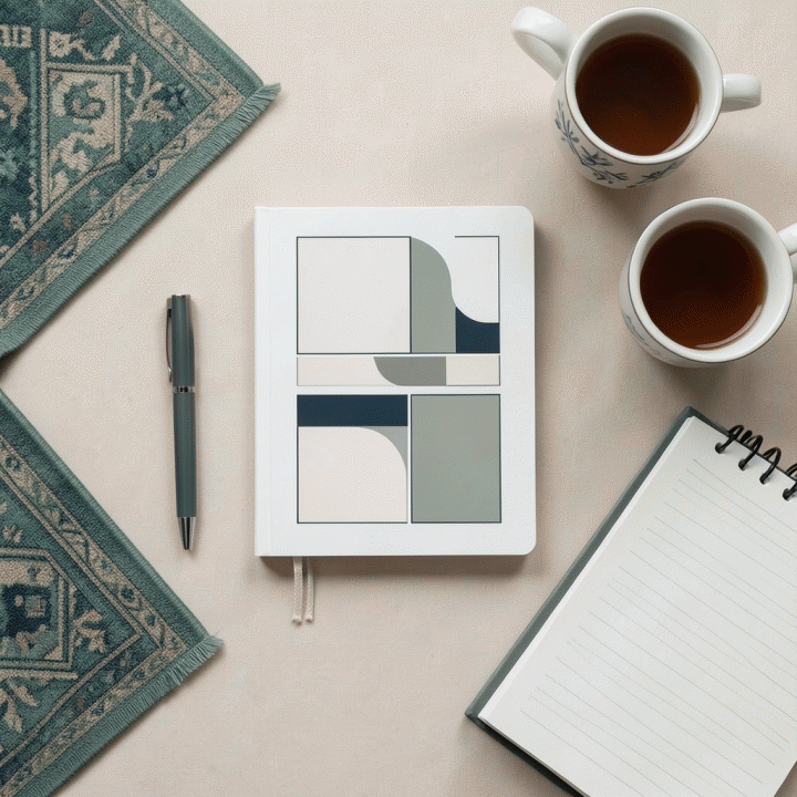 Tampilan atas (flat lay) meja kerja yang rapi menampilkan jurnal habit tracker minimalis, pena, sajadah kecil, dan secangkir kopi, melambangkan perencanaan ibadah harian.