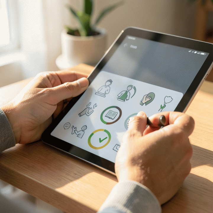 Tangan sedang mencentang kebiasaan baik pada antarmuka pelacak kebiasaan digital yang elegan di tablet.