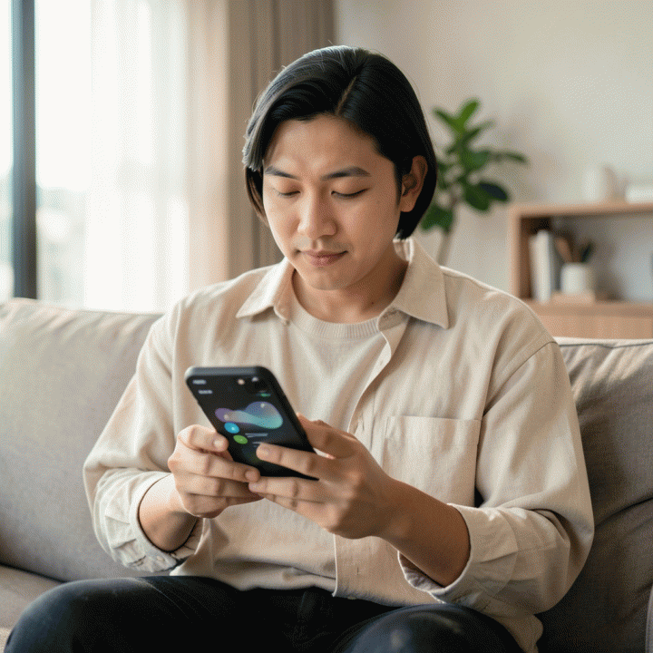 Seorang milenial Muslim Indonesia yang terlihat tenang dan berhasil menjaga rutinitas ibadahnya sambil meninjau progresnya di smartphone.