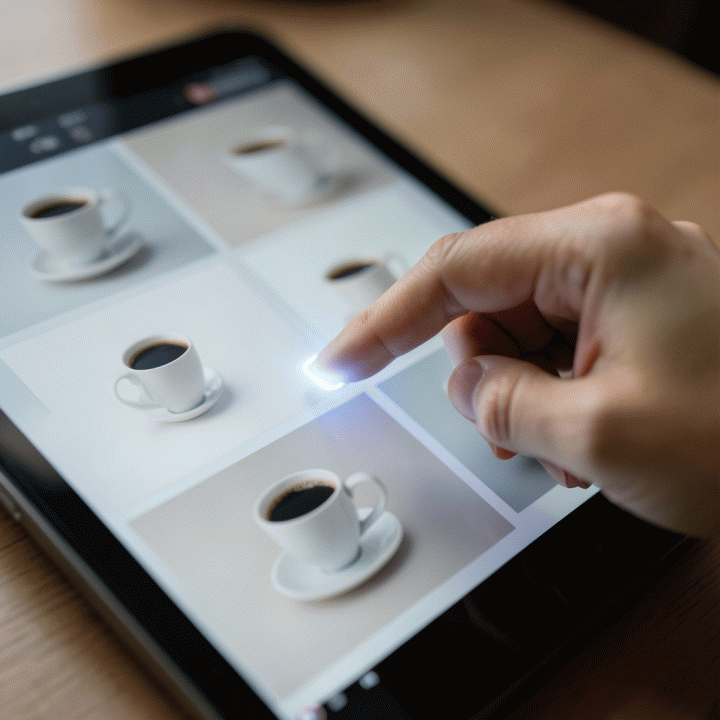 Tangan pengguna memanipulasi antarmuka digital di tablet, menunjukkan konsistensi visual yang sempurna pada berbagai variasi aset merek.